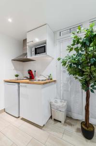 a kitchen with white cabinets and a potted tree at Les Lilas Appartement 1 chambre wifi et confort in Les Lilas +5 photos