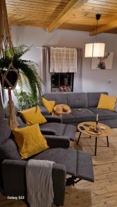 a living room with a blue couch and yellow pillows at Dobra Chata in Cekcyn