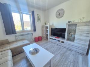 a living room with a couch and a tv at Kuća Šarenka in Kupjak