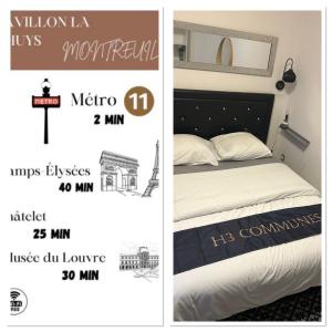 a poster of a bedroom with a bed and a sign at Sci h3 communes in Montreuil