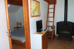 a room with a bunk bed and a television and a ladder at Vue sur embrun lac de serre-ponçon in Crots