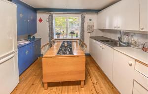 a kitchen with a wooden island in the middle at 4 Bedroom Nice Home In Nybro in Pukeberg