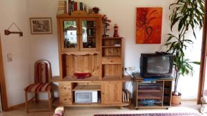 Zimmer mit einem Holzschrank und einem TV in der Unterkunft Landhaus Genoveva in Leutasch