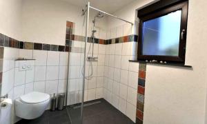 GründauにあるFerienhaus Gründaublickのバスルーム(トイレ、窓付きシャワー付) +16枚の写真