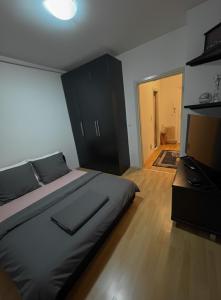 a bedroom with a large bed and a flat screen tv at Stan na dan Bačka Topola in Bačka Topola