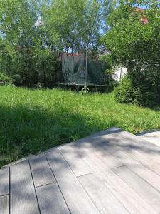 a yard with a fence in the grass at Cozy cottage in the heart of Čičmany in Čičmany