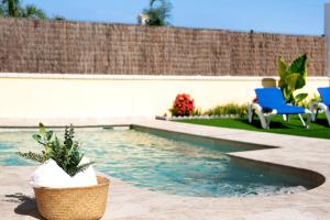 a swimming pool in a yard with two blue chairs at Villa Montenmedio 1 in El Soto