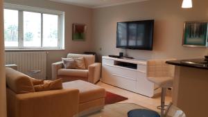 a living room with a television and a couch and chairs at Elegant Apart in City Centre of Cannes in Cannes