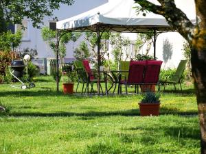 a table and chairs under a gazebo in a yard at Ferienwohnung Walter in Ringsheim +40 photos