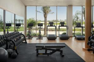a gym with a lot of exercise equipment and a palm tree at The Red Sea EDITION in Ḩanak