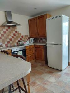 eine Küche mit weißem Kühlschrank und Holzschränken in der Unterkunft Coastline cottage in Pakefield