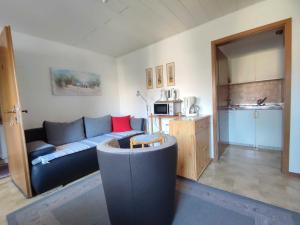 a living room with a blue couch and a kitchen at Gästehaus Linde in Endingen