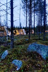 a group of tents in a forest with rocks at Lapland Glow Hotel Chalets in Rovaniemi +9 photos