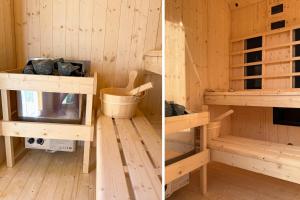 twee foto's van een houten sauna met tv bij Casa Belladonna by Briskva in Višnjan