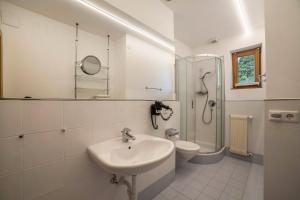 a bathroom with a sink and a shower and a toilet at Langstein Wohnung Lavendel in Coldrano
