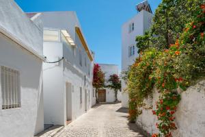 eine Gasse in einer Stadt mit weißen Gebäuden und Blumen in der Unterkunft Apartamento Callejon de La Fuente in Vejer de la Frontera