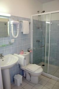y baño con aseo, ducha y lavamanos. en Hôtel du Marché, en Beauvoir-sur-Mer