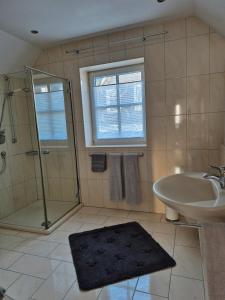 une salle de bain avec douche, lavabo et toilettes dans l'établissement Fewo Schmallenberger Mauerblümchen, à Schmallenberg 15 autres photos