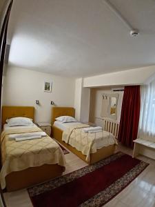 a bedroom with two beds and a red rug at Hotel Florentina in Constanţa
