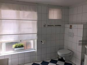 La salle de bains est pourvue de toilettes et d'une fenêtre avec une plante. dans l'établissement Ferien- und Gästehaus Jockgrim, à Jockgrim 3 autres photos