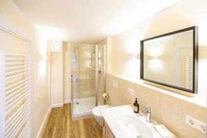 a bathroom with a sink and a toilet and a mirror at Schlossbrauerei Langenburg in Langenburg +44 photos