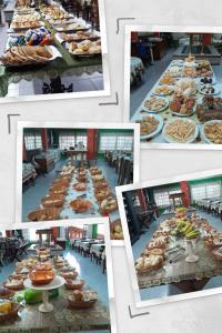 a collage of photos of a long table of food at Hotel e Pousada Ciconha-são Lourenço MG in São Lourenço