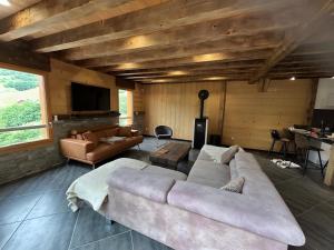 a living room with a large couch and a tv at Chalet Saint Sorlin in Saint-Sorlin-dʼArves