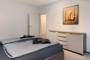 une chambre avec un lit et un bureau dans l'établissement Modernes Appartement 100m2, à Wustermark