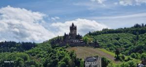 eine Burg auf einem Hügel mit Bäumen in der Unterkunft an der Mosel in Kaisersesch
