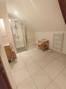 La salle de bains est pourvue d'une douche et de carrelage. dans l'établissement Gite Bricabroc 4 personnes, à La Chapelle-aux-Choux