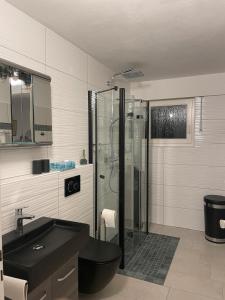 a bathroom with a glass shower and a black sink at Ferienwohnung Buntspecht in Bad Wildbad