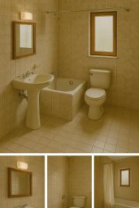 two pictures of a bathroom with a sink and a toilet at Orange Rooms in Tirana +1 photo