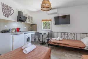 a room with two beds and a kitchen with a table at Kleris Apartment 9 Tinos in Agios Sostis +20 photos