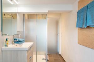 a bathroom with a sink and a mirror at Pur Wohnen - Wohnung Fernsicht in Niederreutern +22 photos