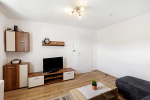 a living room with a flat screen tv and a couch at Ferienhaus Grobbel in Wenholthausen