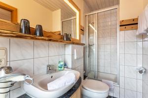 a bathroom with a sink and a toilet at Ferienwohnung Geierstein in Wackersberg