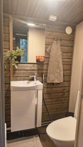 Un baño con lavabo blanco y inodoro. en Lapland Landscape XL Cabin with Nature View, Sauna, Fireplace & Kitchen, Sodankylä, Luosto, Fell Village, en Luosto