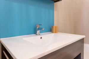 アルベールヴィルにあるLes Cèdres Bleusの青い壁のバスルーム(白い洗面台付) +16枚の写真