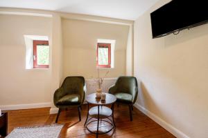 een woonkamer met twee stoelen en een tafel bij Alte Stadtvilla Weinberg 6 in Traben-Trarbach