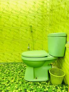 a green toilet in a bathroom with a yellow tiled wall at Lakru Home Stay in Weligama +19 photos