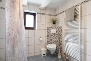 une salle de bain avec toilettes et fenêtre dans l'établissement Ferienhaus Op´n Doerp, à Oesterwurth 18 autres photos