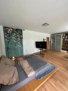 a bedroom with a bed and a flat screen tv at Separate Area mit Schlafzimmer und Badezimmer in Heroldsberg