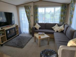 a living room with a couch and a tv at Baywood View Lodge in East Heslerton