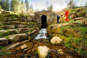 two people standing next to a small waterfall in a river at Haus Hubertus in Enzklösterle
