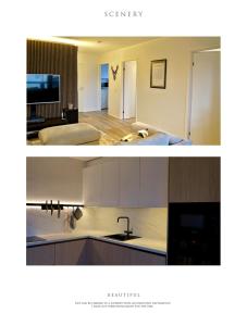 two pictures of a kitchen with a sink at Bright Elegant - Feel Lapland with light & harmony in Rovaniemi