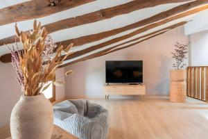 a living room with a tv and a vase with flowers at Casa Rural El Ahora in Berge