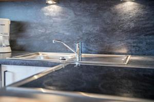 een roestvrijstalen aanrecht met een kraan bij Residence Condor Apt Rosengarten in Maranza +21 foto's