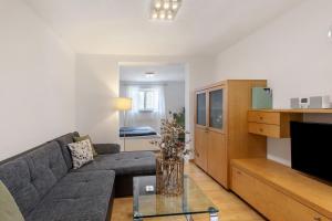 a living room with a couch and a tv at Ferienwohnung Emilia, 36qm in Münsingen