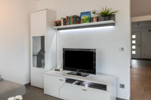 a living room with a tv on a white wall at Schmuckstück in Hilzingen