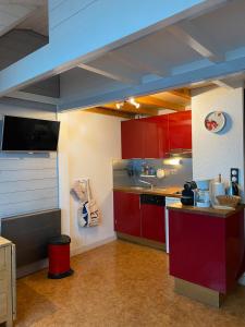 une cuisine avec des armoires rouges et un plafond bleu dans l'établissement Le Domaine du Lary, à Cadeilhan-Trachère